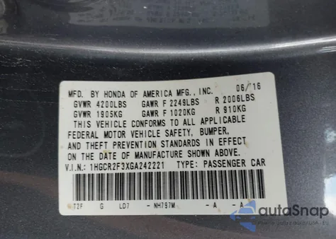 2016 Honda Accord Lx z USA, uszkodzony, nr VIN 1HGCR2F3XGA242221